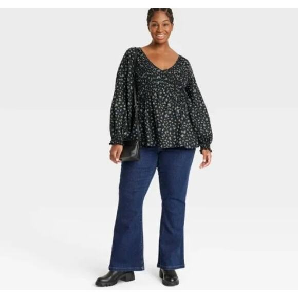 Ava & Viv Smocked Top Women's Size 2X Black Floral V-Neck Balloon Sleeves Cotton - Picture 8 of 10